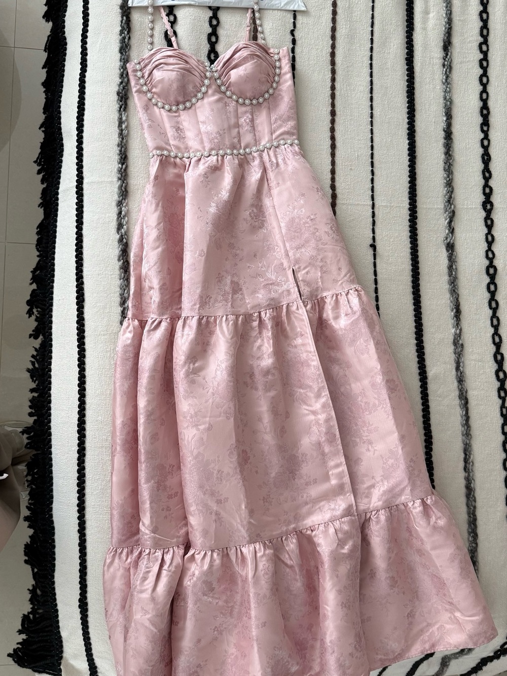 V. Chapman Pale Pink Pearl-Trimmed Tiered Formal Dress